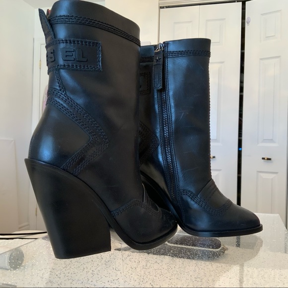 Diesel Flamingo Black leather wedge Boots 6 New - Picture 6 of 15